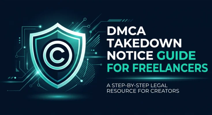 Featured image for the complete DMCA takedown notice guide for freelancers, showing title and copyright shield icon.