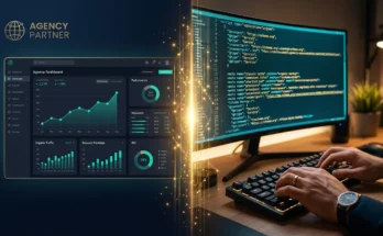 Featured hero image for white label on page SEO guide showing agency dashboard and SEO implementation with data flow connection
