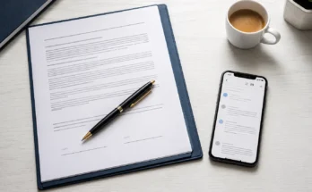 A blank unsigned freelance contract with a pen resting across it beside a smartphone on a clean professional desk