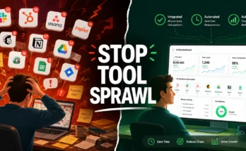 Contrasting illustration of chaotic tool sprawl on left versus organized integrated tool stack on right, highlighting the difference between fragmented and unified software management