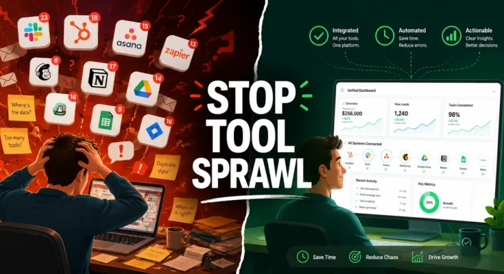 Contrasting illustration of chaotic tool sprawl on left versus organized integrated tool stack on right, highlighting the difference between fragmented and unified software management