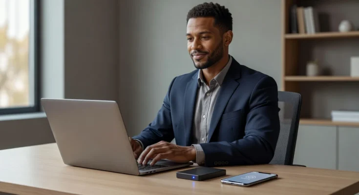 Small business professional working confidently at modern workspace with laptop and smartphone, representing business continuity preparedness and resilience