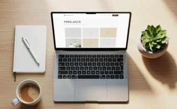 Modern workspace with laptop displaying a freelance portfolio website, notebook, coffee cup, and plant