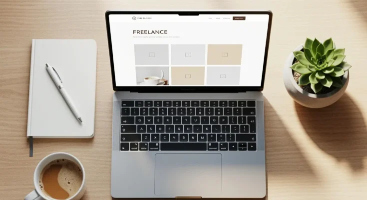 Modern workspace with laptop displaying a freelance portfolio website, notebook, coffee cup, and plant