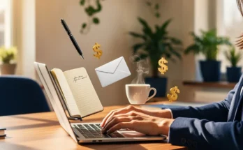 Freelance writer working from home with writing tools and earning potential illustrated around the workspace