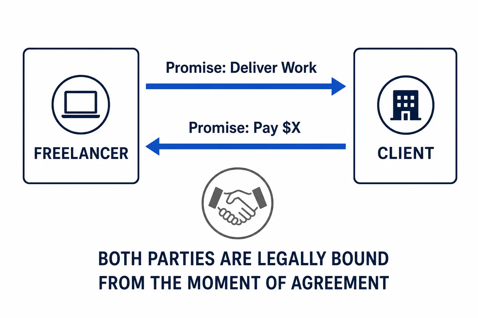 Diagram showing a bilateral contract between freelancer and client with mutual 
promises of work delivery and payment flowing in both directions.