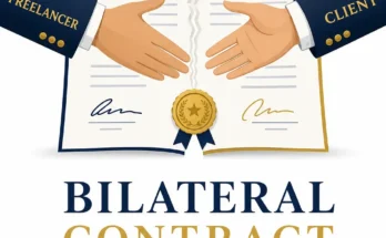 Featured image for bilateral contract guide showing freelancer and client hands reaching to contract document