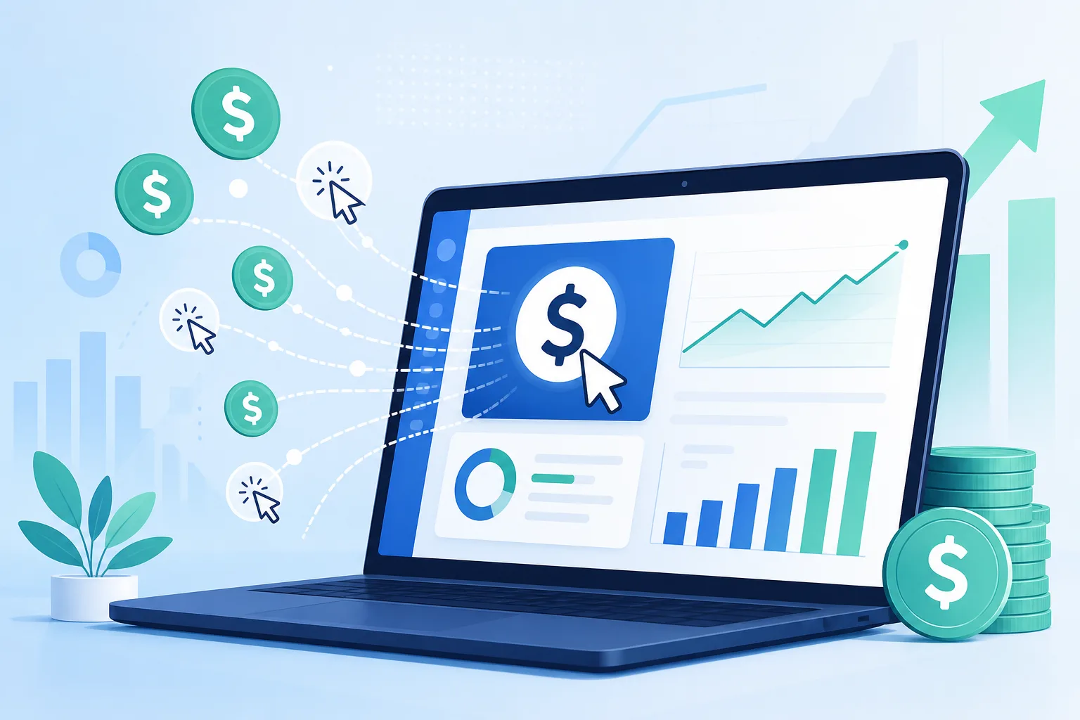 Illustration showing cost per click dashboard with dollar signs and
click icons representing CPC advertising metric in digital marketing
