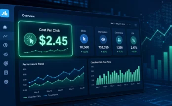 Professional header image for CPC guide showing digital advertising dashboard with cost per click metric highlighted