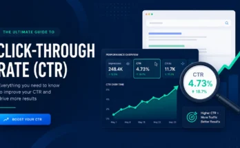 Professional illustration showing CTR analytics dashboard with upward graph and magnifying glass, representing a complete click-through rate guide