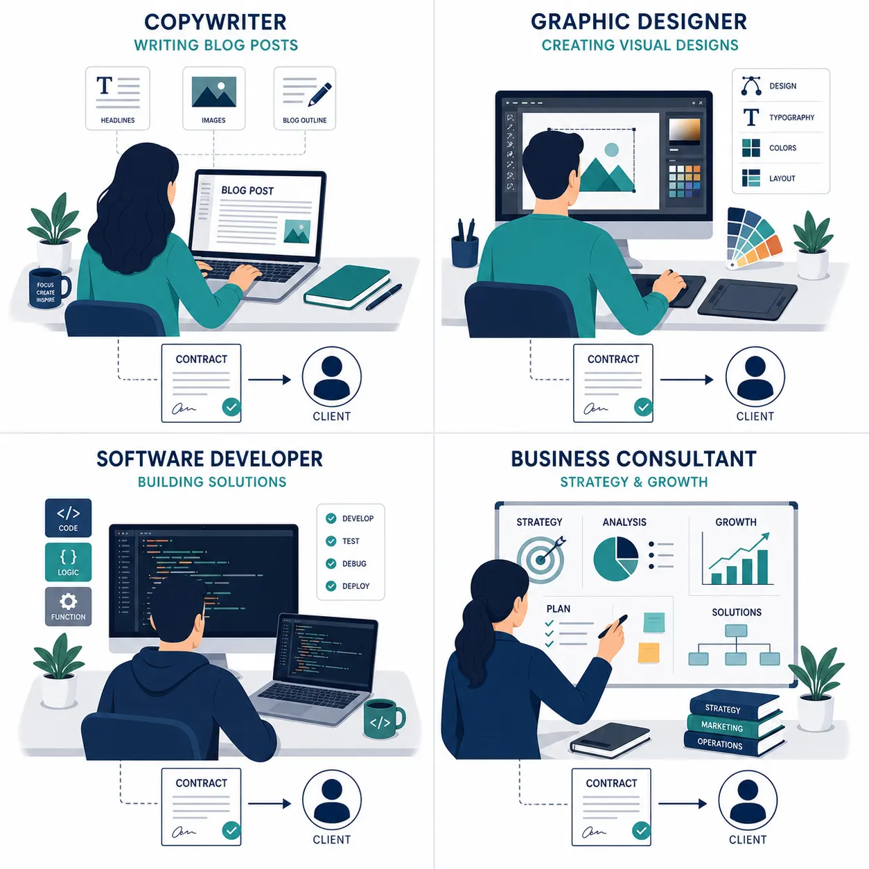 Illustration showing four freelance industries with bilateral contracts: 
copywriting, graphic design, software development, and consulting.