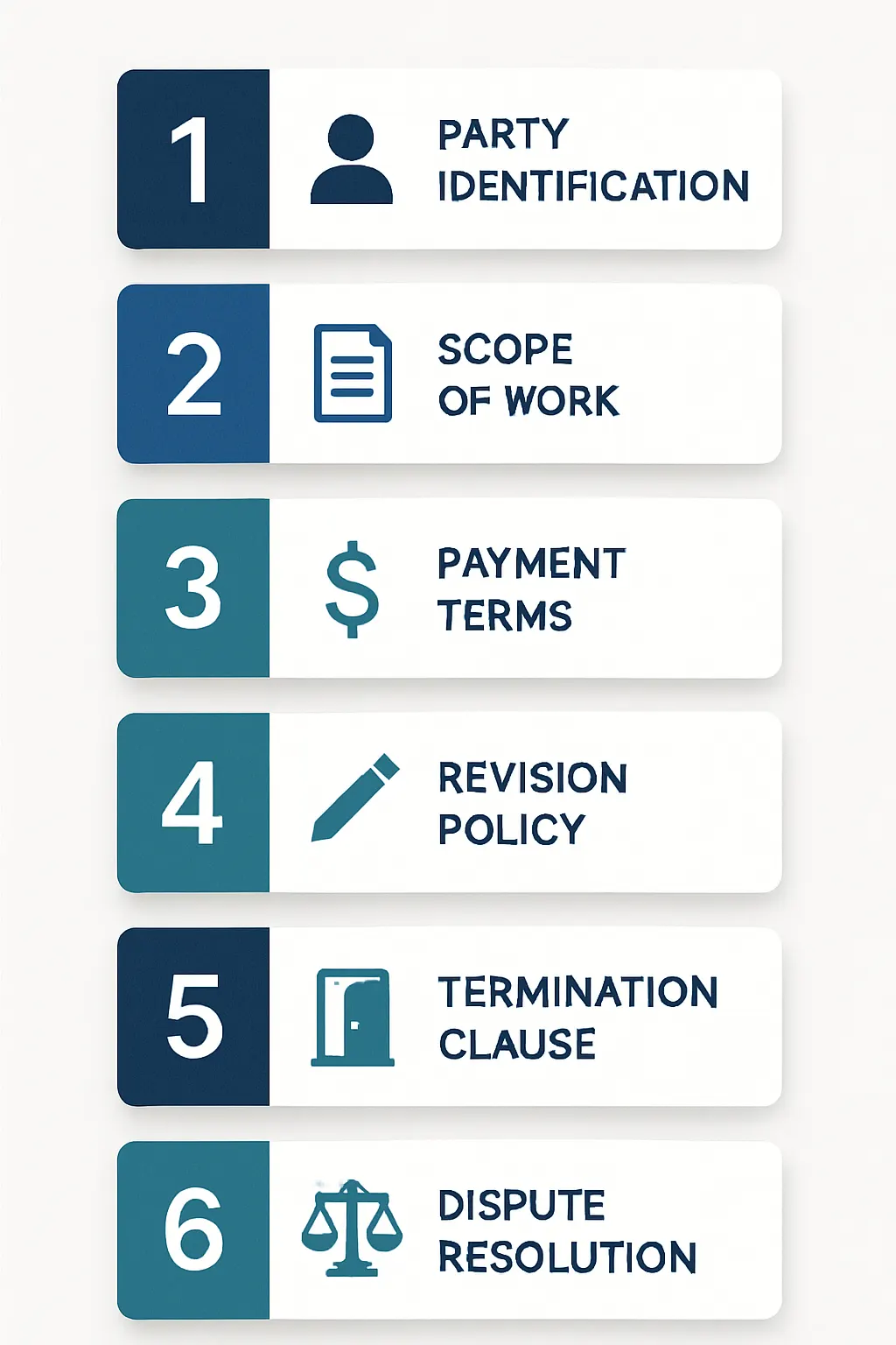 Infographic showing six essential elements of a freelance contract: 
party identification, scope of work, payment terms, revision policy, 
termination clause, and dispute resolution.