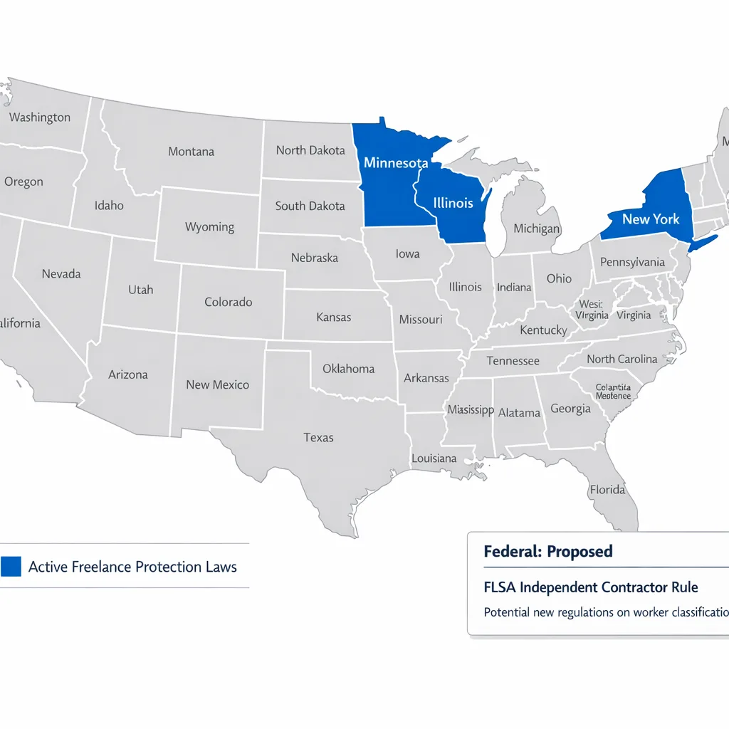 Map of the United States showing states with freelance payment 
protection laws including New York, Illinois, and Minnesota, 
with federal proposed legislation noted.