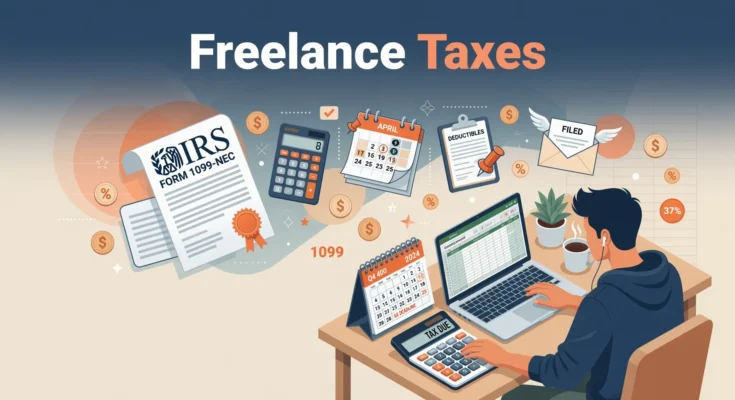 Header image for freelance tax guide showing freelancer workspace with tax documents calculator and calendar Freelance Taxes for Beginners