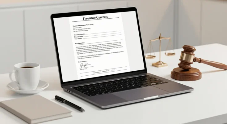 Professional workspace with laptop showing legal documents and a gavel, representing freelancing legal tips and independent contractor rights.