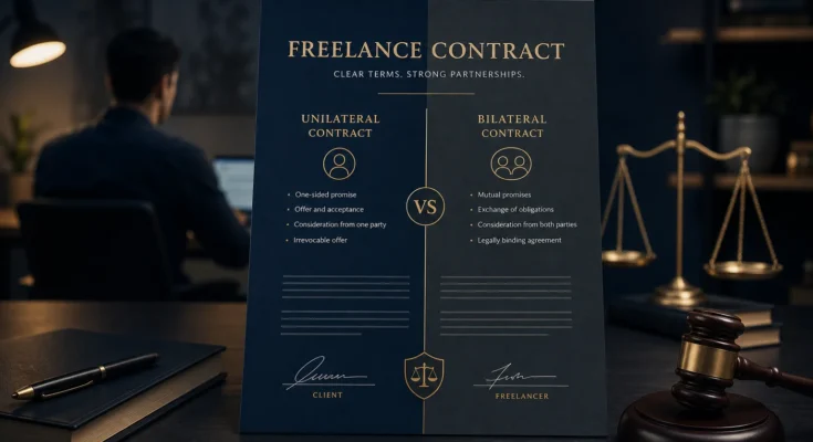 Professional legal guide featured image showing contract documents and legal scales, representing unilateral contract protection for freelancers.