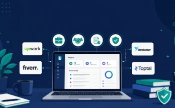 Featured image for legal comparison guide of client platforms for freelancers showing laptop and platform concept icons