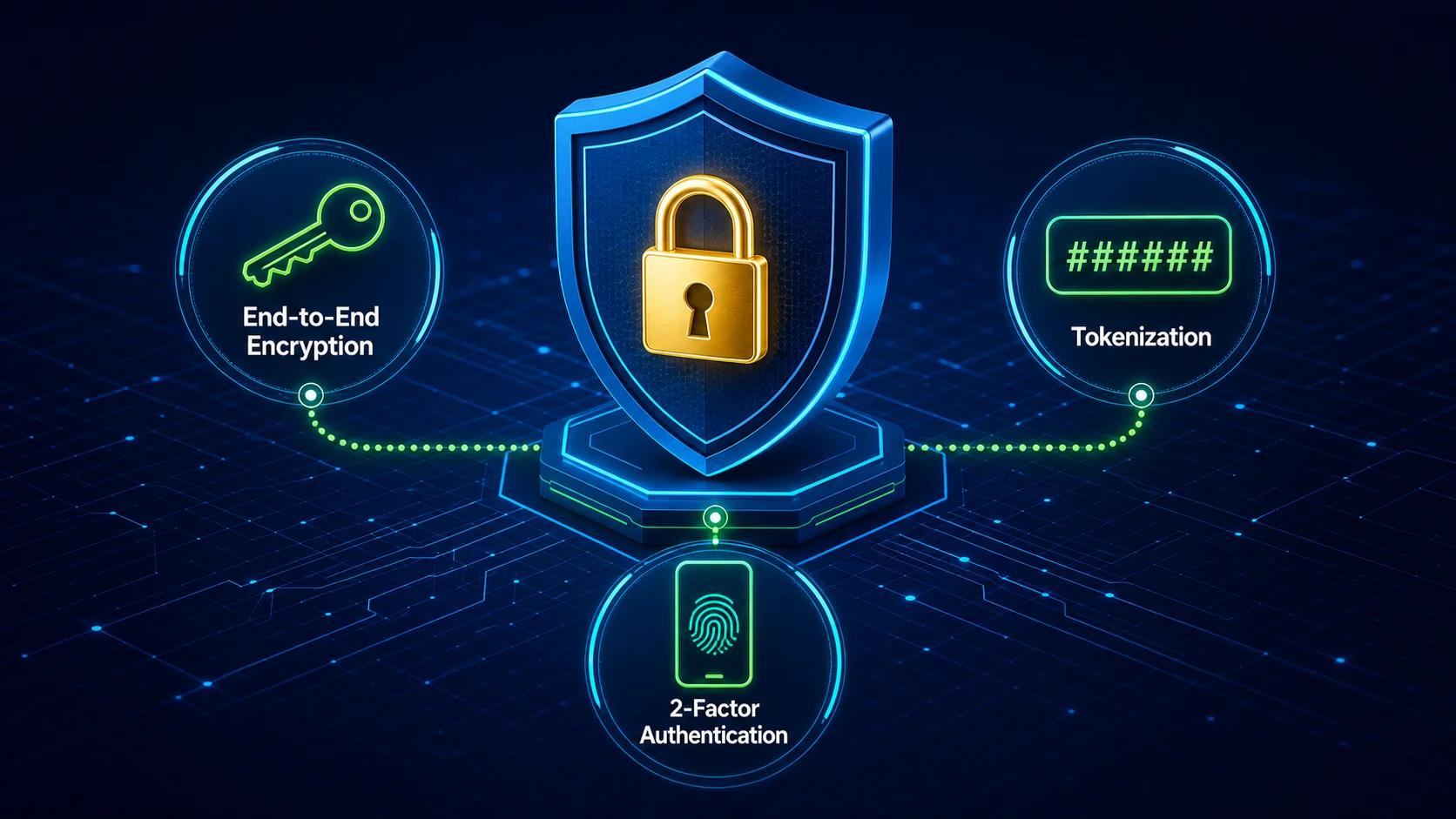 Digital wallet security shield illustration showing encryption, 
tokenization, and two-factor authentication protections