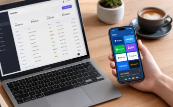 Freelancer holding smartphone showing digital wallet payment apps on home screen while working on laptop