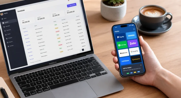 Freelancer holding smartphone showing digital wallet payment apps on home screen while working on laptop
