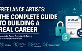 Branded cover image for freelance artists career guide covering contracts, taxes, copyright and pricing