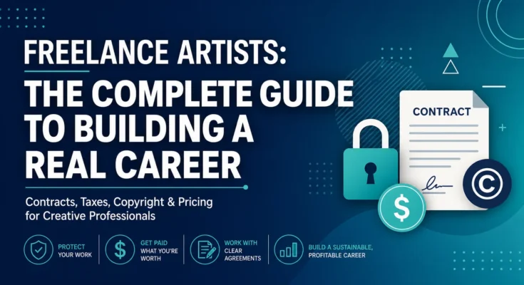 Branded cover image for freelance artists career guide covering contracts, taxes, copyright and pricing
