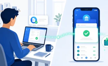 Flat illustration showing freelancer sending invoice on laptop and receiving payment notification on mobile phone.