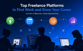 Freelance platforms connection diagram showing professionals working and connected to platform icons