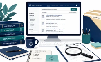 Professional freelancer researching contracts and clients using legal databases and research tools