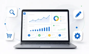 Professional business header image for listing optimization services guide, showing laptop with marketplace data charts and optimization icons