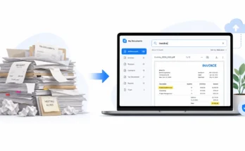 OCR and PDF workflow illustration showing paper documents transforming into searchable digital files on a laptop