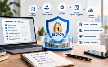 Freelance escrow payment protection showing a contract, milestones, client funds, and payment release (freelancer in usa)